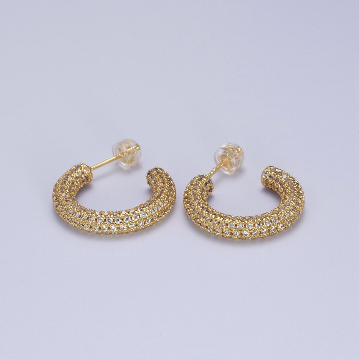24K Gold Filled 23mm C-Shaped Clear Micro Paved CZ Hoop Stud Earrings | AB003 - DLUXCA