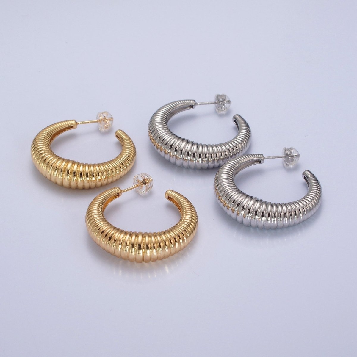 24K Gold Filled 30mm Croissant C-Shaped Hoop Earrings in Gold & Silver | P300 P301 - DLUXCA