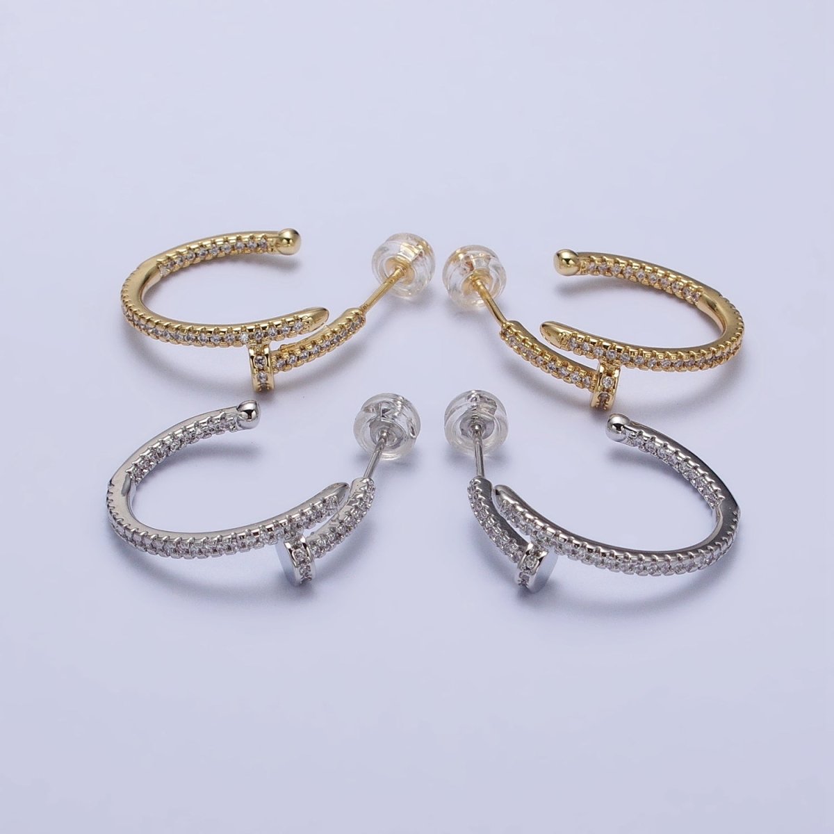 24K Gold Filled 30mm Spiral Needle Micro Paved CZ Hoop Earrings in Gold & Silver | AB534 AB535 - DLUXCA