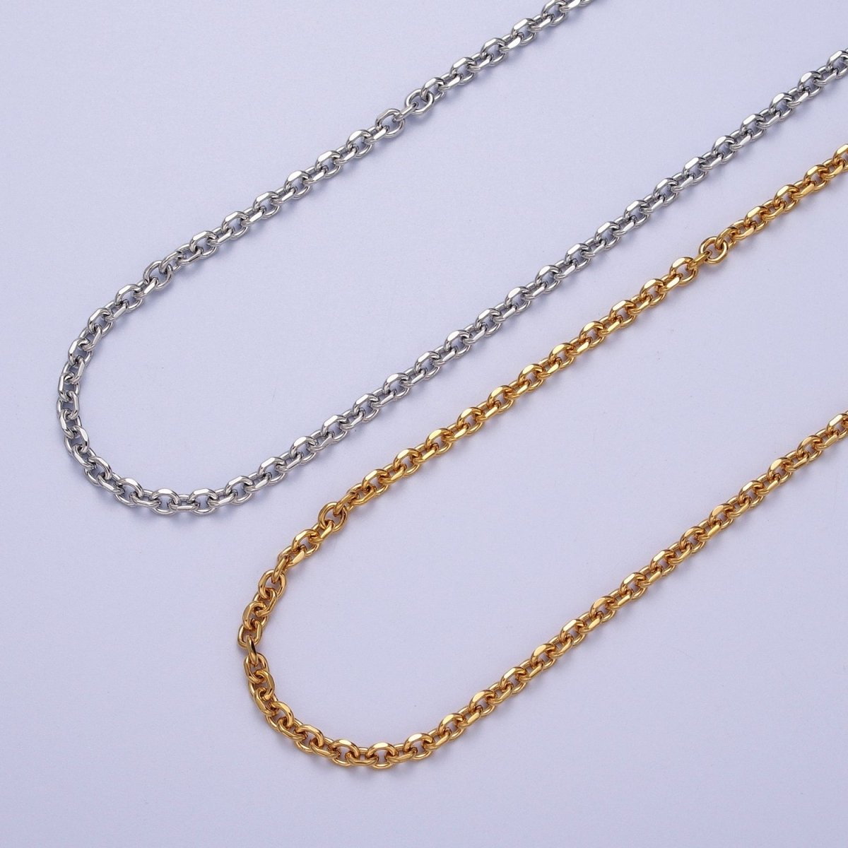 24K Gold Filled 3mm Flat Cable Link Gold, Silver Unfinished Chain | ROLL-889, ROLL-890 Clearance Pricing - DLUXCA