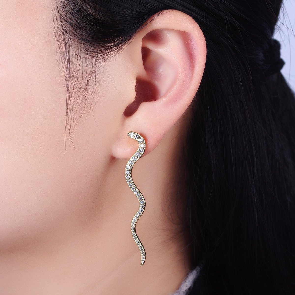 24K Gold Filled 55.7mm Slither Snake Micro Paved CZ Geometric Drop Stud Earrings | AB726 - DLUXCA