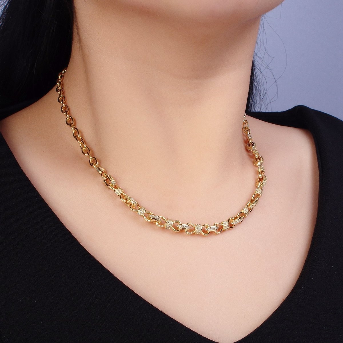 24K Gold Filled 6.5mm Half Micro Paved CZ Figure Eight Bow Cable Link 17 Inch Chain Necklace | WA-1676 WA-1677 Clearance Pricing - DLUXCA