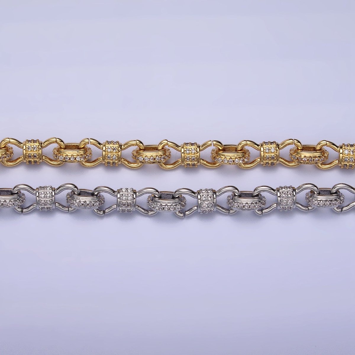 24K Gold Filled 6.5mm Half Micro Paved CZ Figure Eight Bow Cable Link 17 Inch Chain Necklace | WA-1676 WA-1677 Clearance Pricing - DLUXCA