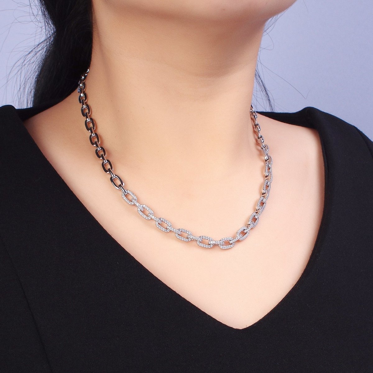 24K Gold Filled 6.5mm Half Micro Paved CZ Paperclip 17 Inch Chain Necklace in Gold & Silver | WA-1674 WA-1675 Clearance Pricing - DLUXCA