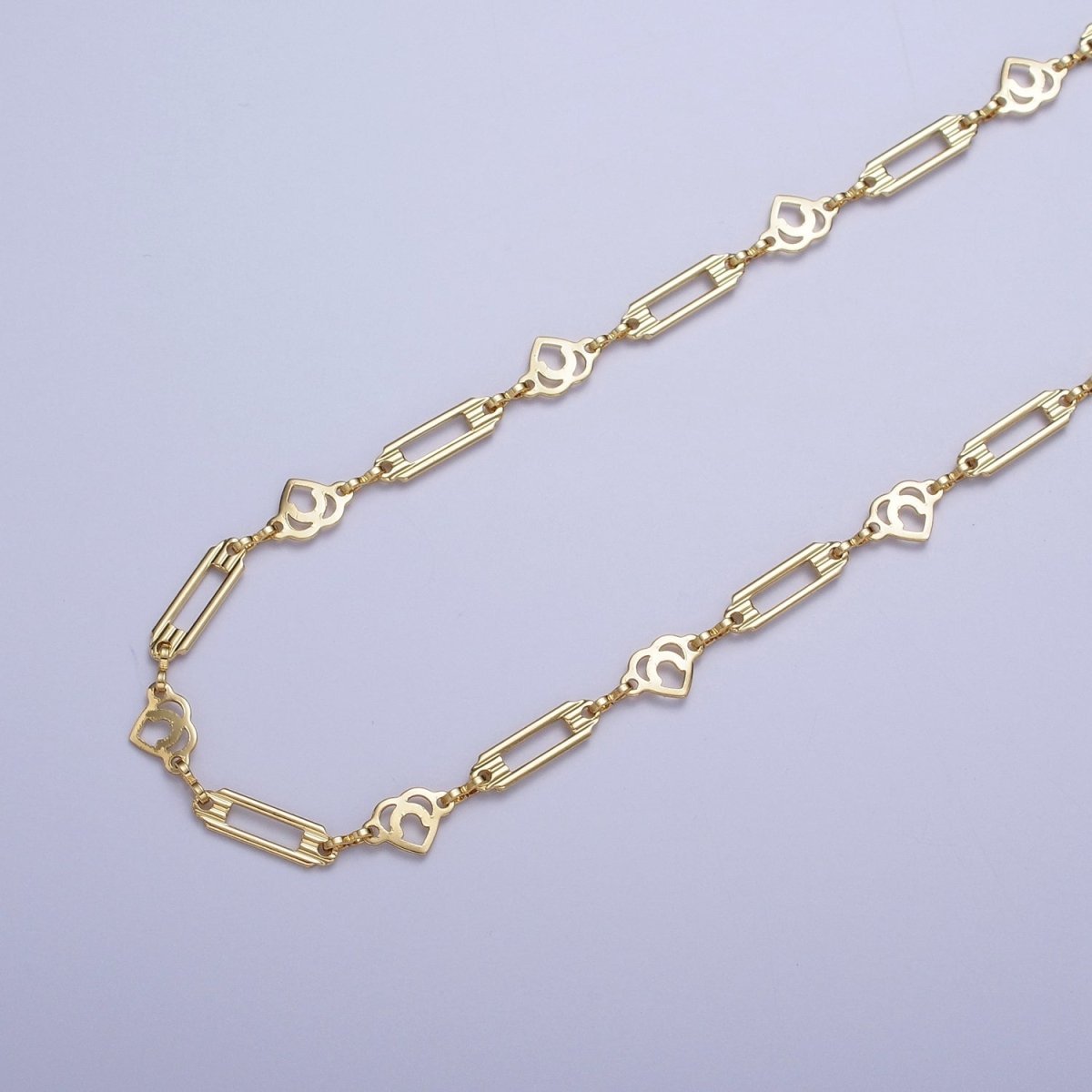 24K Gold Filled 6mm Designed Heart Open Bar Connector Bulk Unfinished Chain by Yard | ROLL-849 Clearance Pricing - DLUXCA