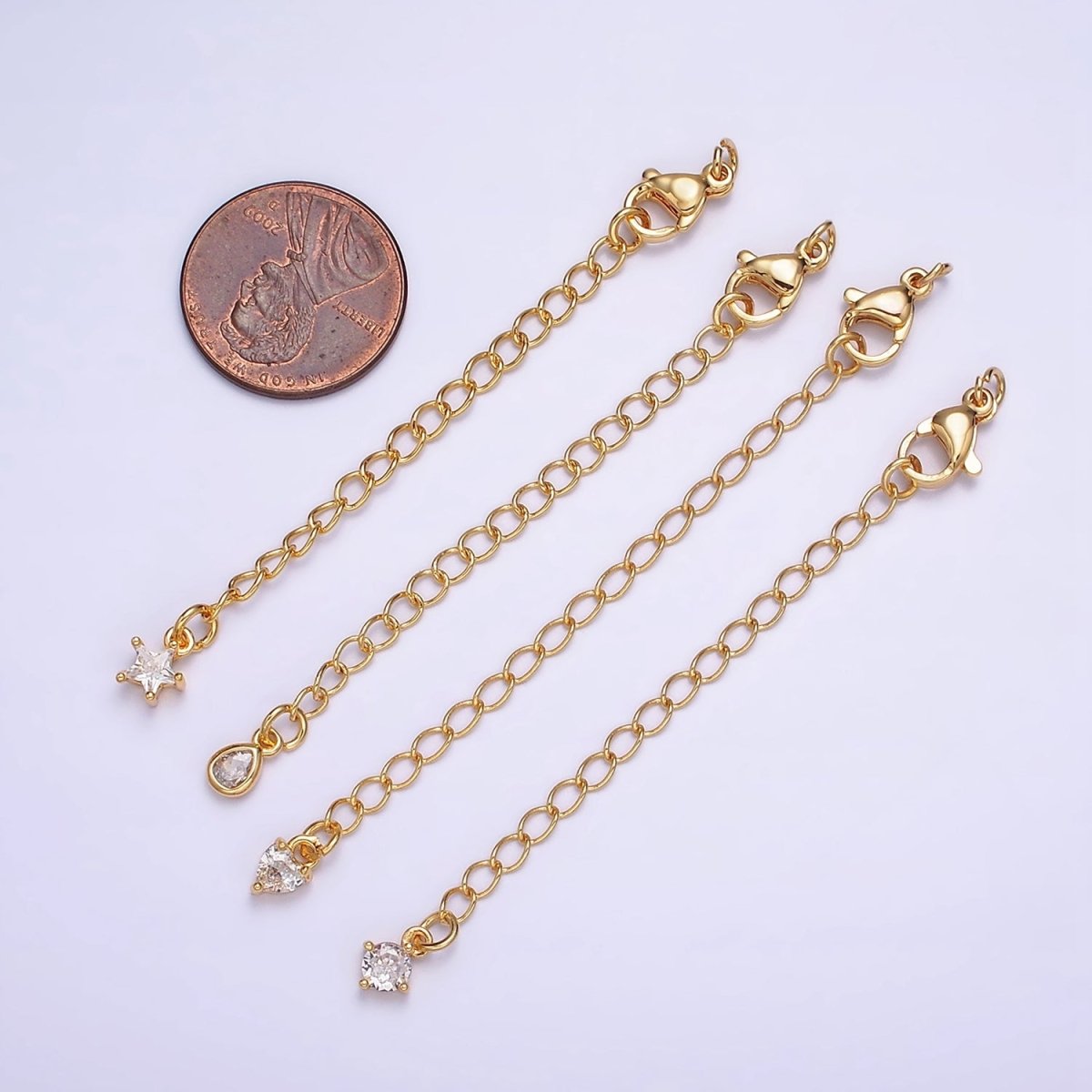 24K Gold Filled 70mm Extender Clear Round, Heart, Teardrop, Star CZ Lobster Clasps Closure Set Supply | Z453 - Z456 - DLUXCA