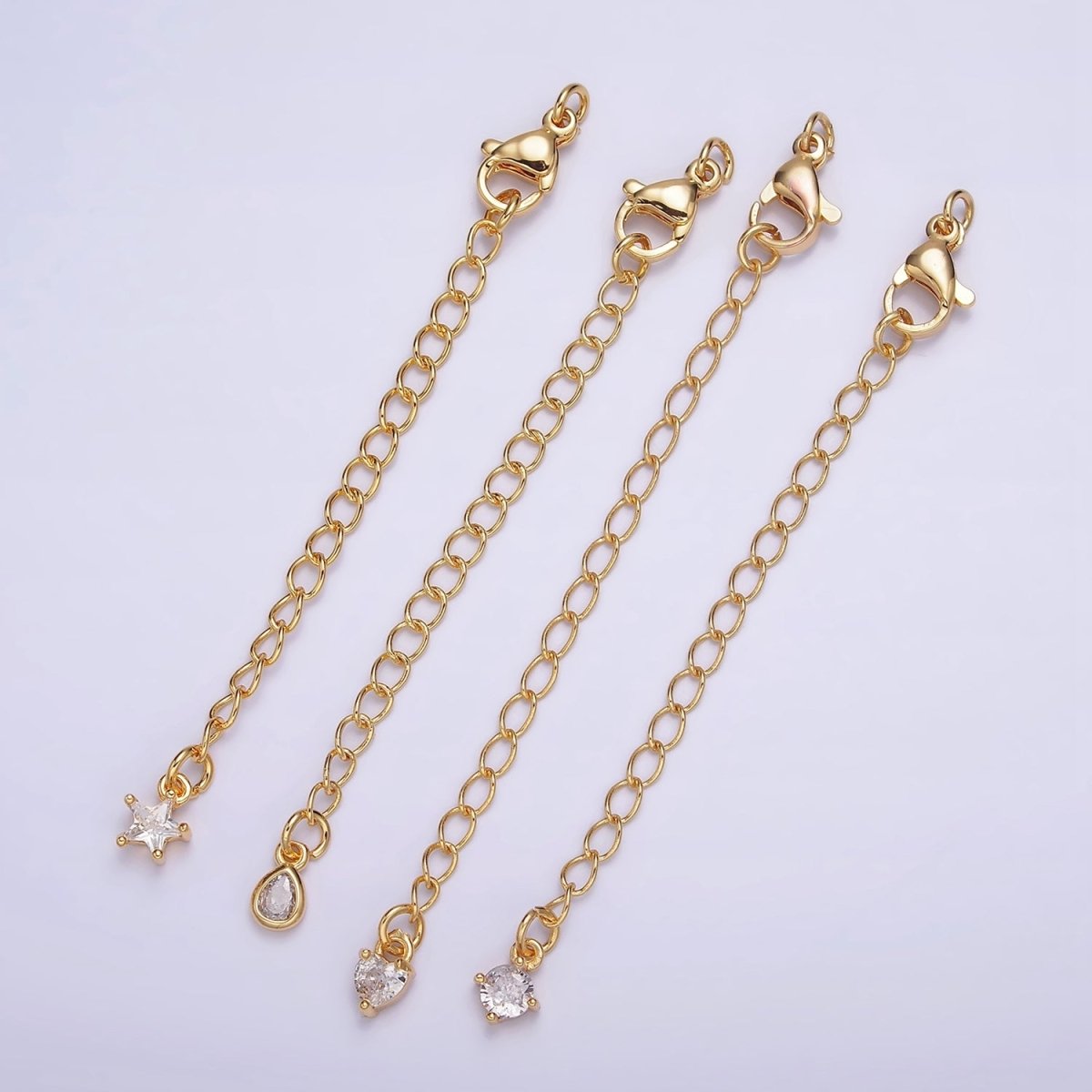 24K Gold Filled 70mm Extender Clear Round, Heart, Teardrop, Star CZ Lobster Clasps Closure Set Supply | Z453 - Z456 - DLUXCA