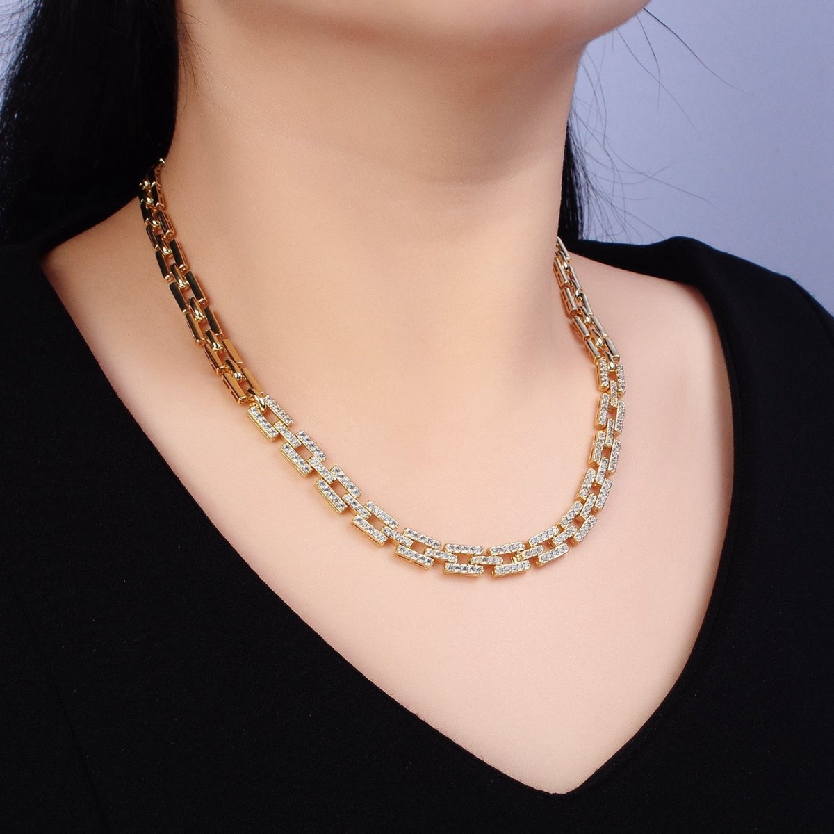 24K Gold Filled 7.5mm Half Micro Paved CZ Boxy Paperclip Link 17 Inch Chain Necklace | WA-1611 WA-1612 Clearance Pricing - DLUXCA