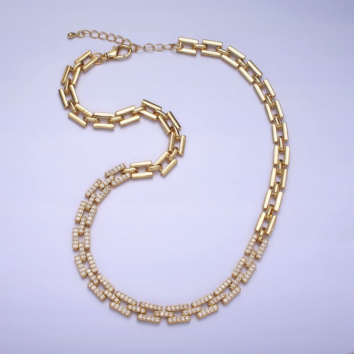 24K Gold Filled 7.5mm Half Micro Paved CZ Boxy Paperclip Link 17 Inch Chain Necklace | WA-1611 WA-1612 Clearance Pricing - DLUXCA