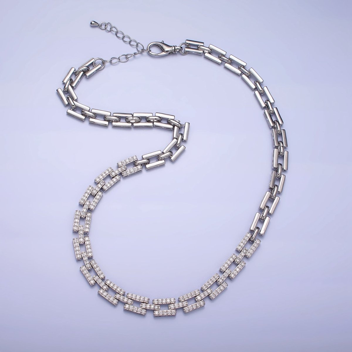 24K Gold Filled 7.5mm Half Micro Paved CZ Boxy Paperclip Link 17 Inch Chain Necklace | WA-1611 WA-1612 Clearance Pricing - DLUXCA