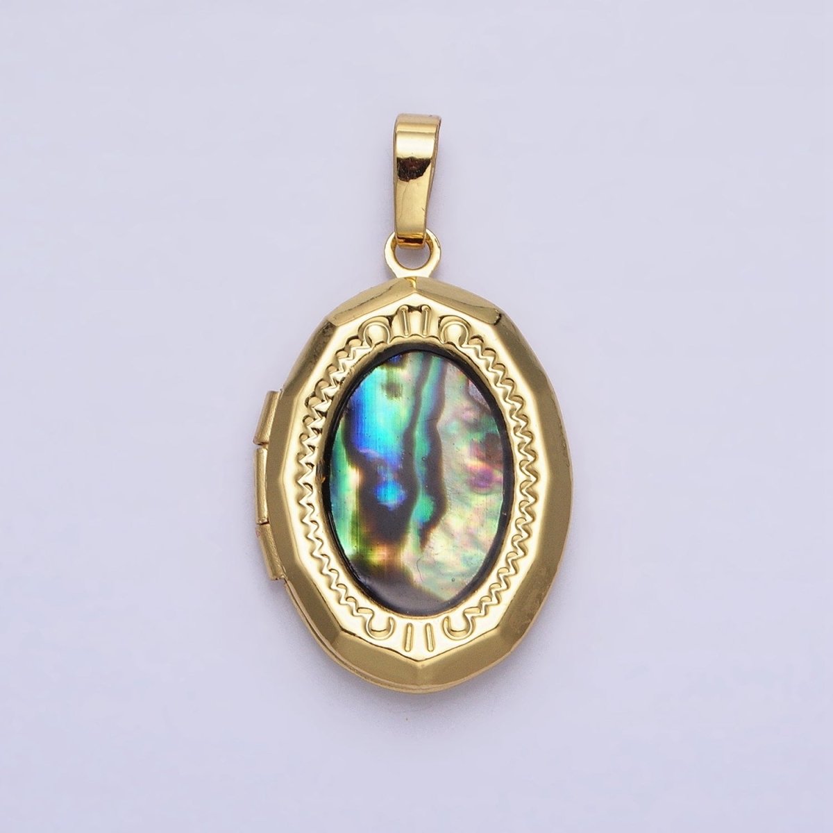 24K Gold Filled Abalone Oval Geometric Engraved Locket in Gold & Silver | AA-369 AA-370 - DLUXCA