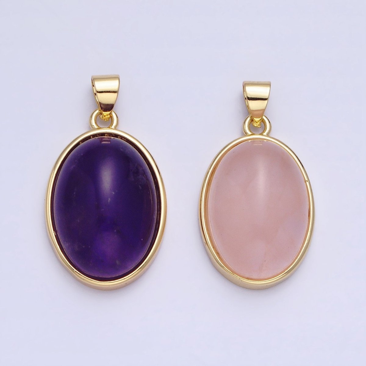24K Gold Filled Amethyst, Rose Quartz Natural Gemstone 27.3mm Cabochon Bezel Oval Pendant | AA327 AA329 - DLUXCA