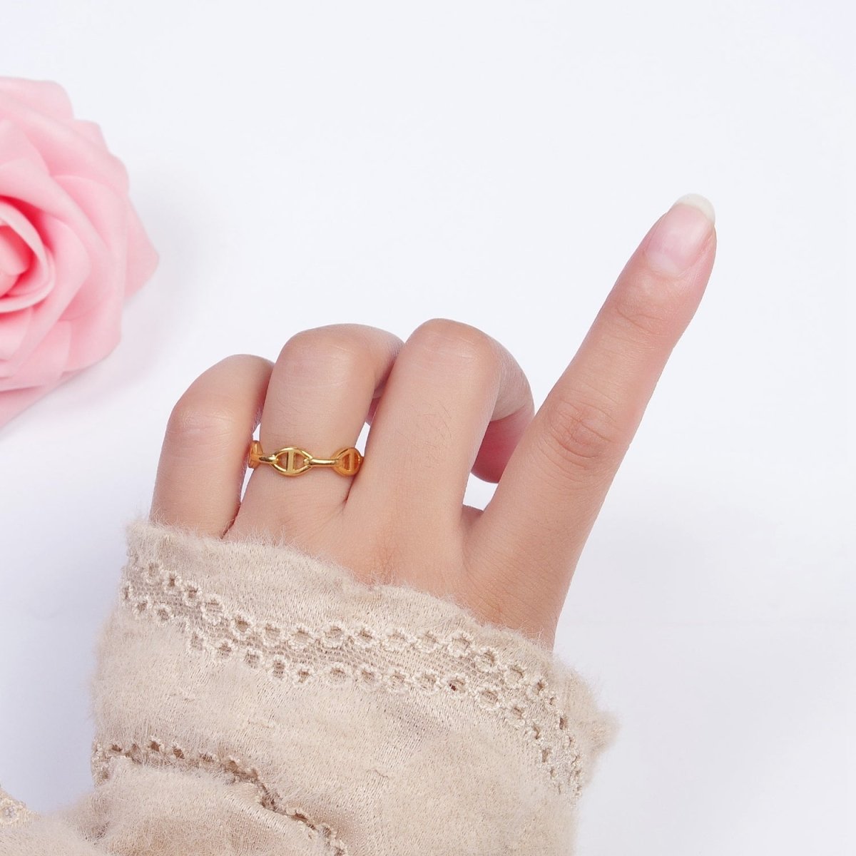 24K Gold Filled Anchor Mariner Chain Link Adjustable Gold Ring | X-574 - DLUXCA