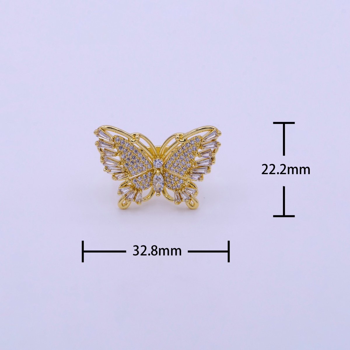 24K Gold Filled Antenna Monarch Butterfly Marquise Baguette Micro Paved Wings Ring | O-004 - DLUXCA