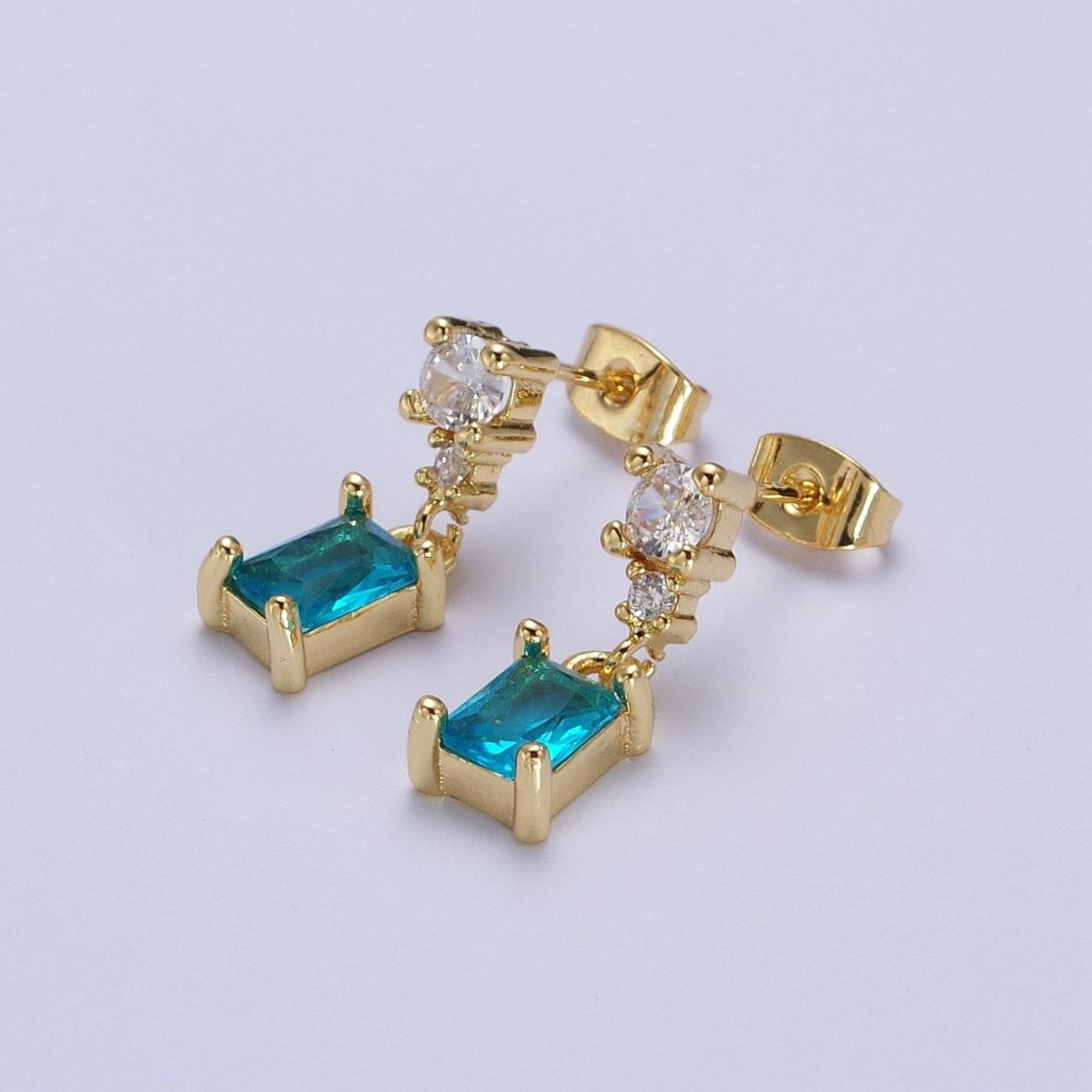 24K Gold Filled Aqua Blue Baguette Cubic Zirconia Dangle Drop Stud Earrings | Y-119 - DLUXCA