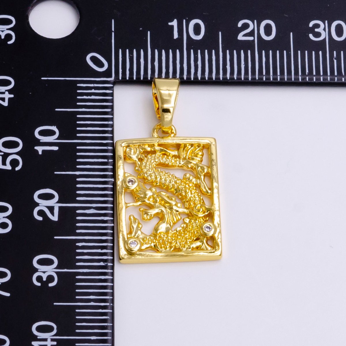 24K Gold Filled Asian Dragon Triple Clear CZ Open Rectangular Framed Tag Pendant | AA778 - DLUXCA