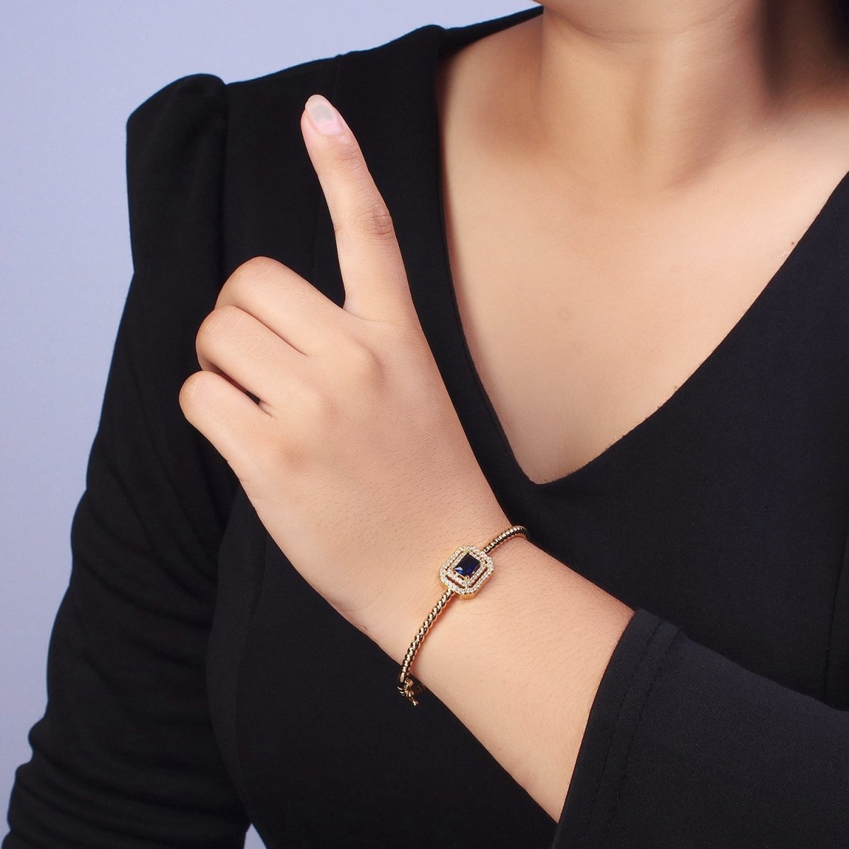 24K Gold Filled Baguette Cubic Zirconia Beaded Bangle Bracelet | WA-1414 - WA-1417 Clearance Pricing - DLUXCA