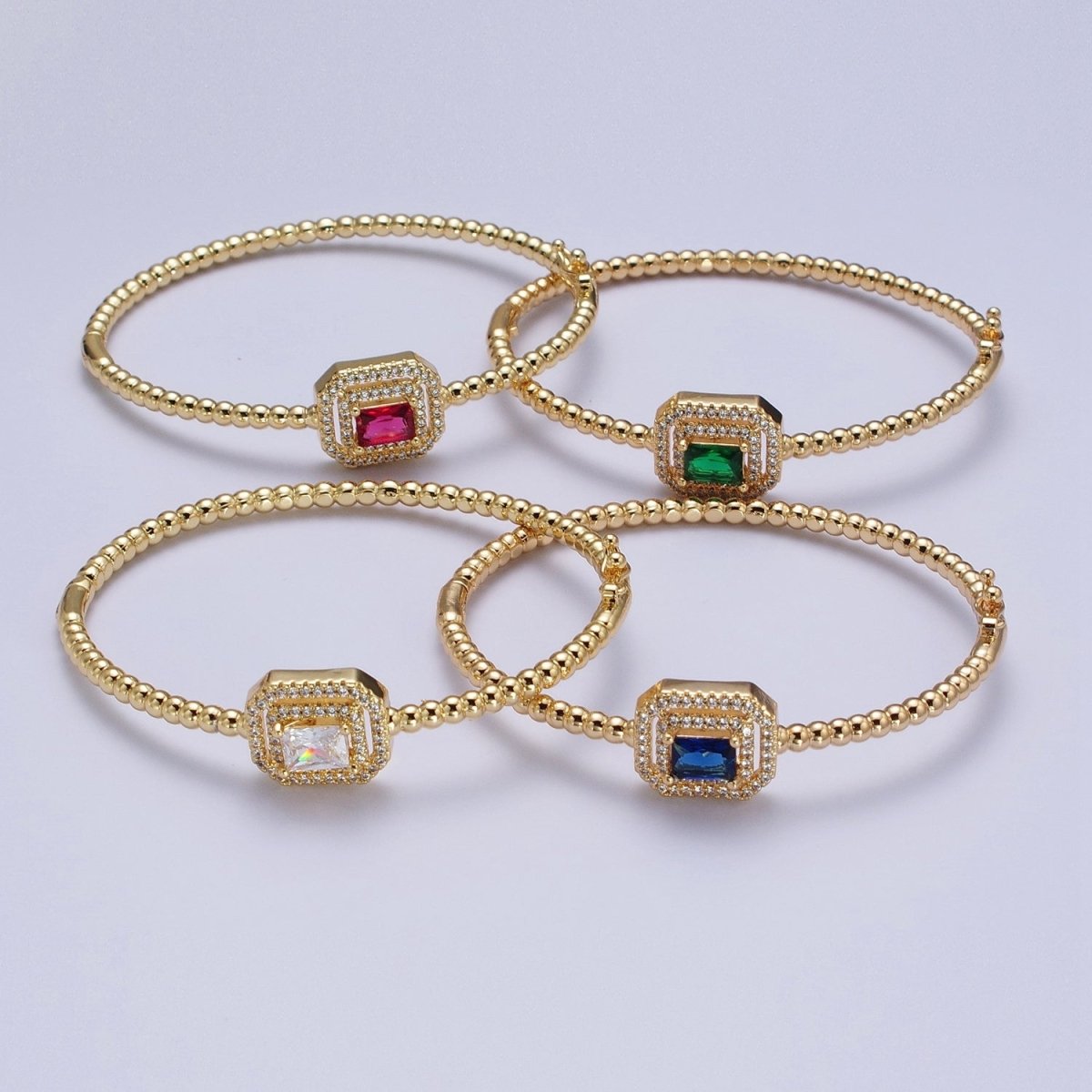 24K Gold Filled Baguette Cubic Zirconia Beaded Bangle Bracelet | WA-1414 - WA-1417 Clearance Pricing - DLUXCA