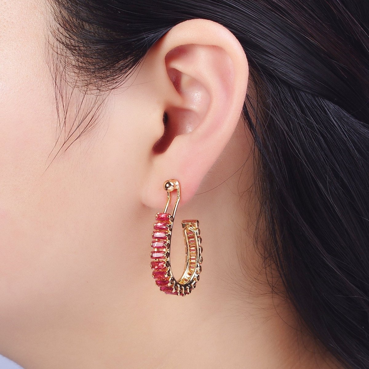 24K Gold Filled Baguette Cubic Zirconia C Shaped Open Hoop Studs Earrings Q-080 Q-091 Q-111 Q-125 Q-126 Q-127 Q-128 Q-130 - DLUXCA