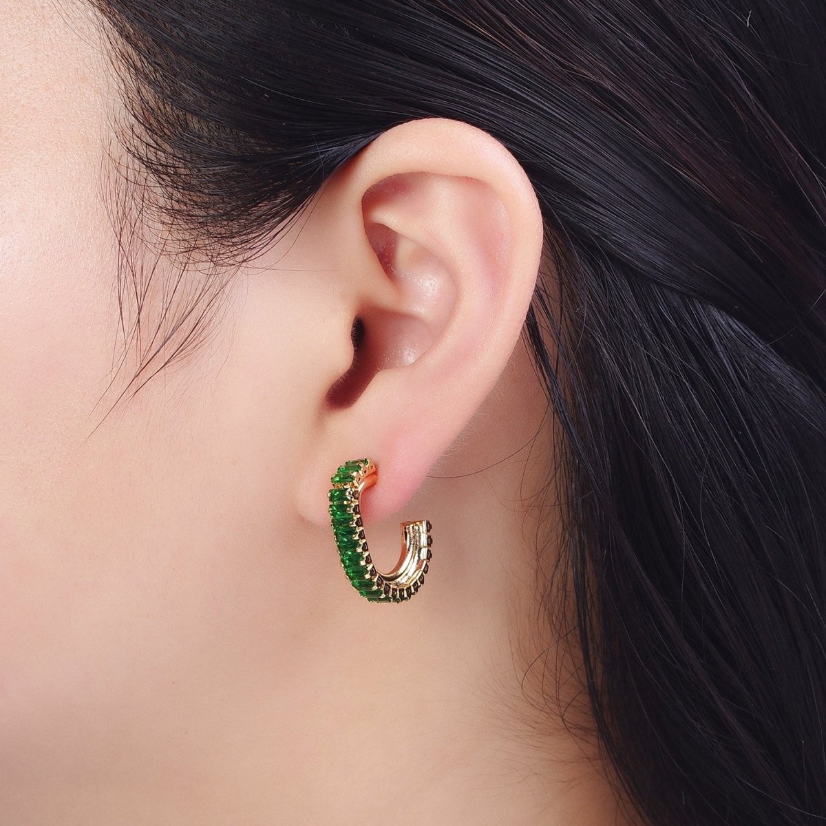 24K Gold Filled Baguette Cubic Zirconia J Shaped Open Hoop Stud Earrings Q-131 Q-135 Q-142 Q-143 Q-145 Q-146 Q-147 Q-148 - DLUXCA