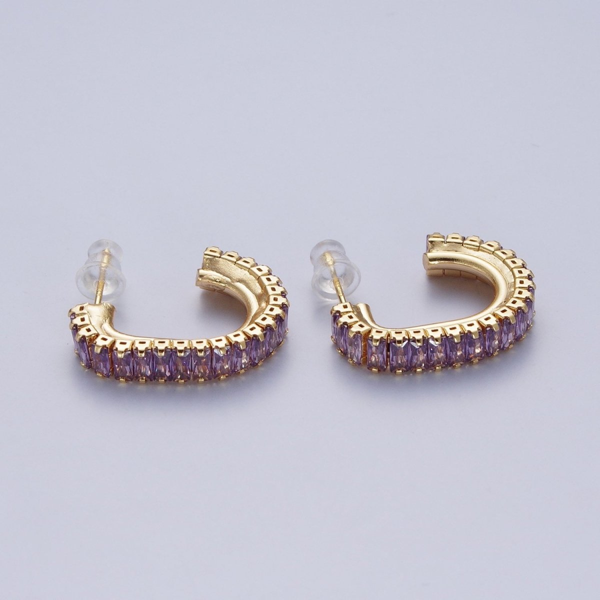 24K Gold Filled Baguette Cubic Zirconia J Shaped Open Hoop Stud Earrings Q-131 Q-135 Q-142 Q-143 Q-145 Q-146 Q-147 Q-148 - DLUXCA