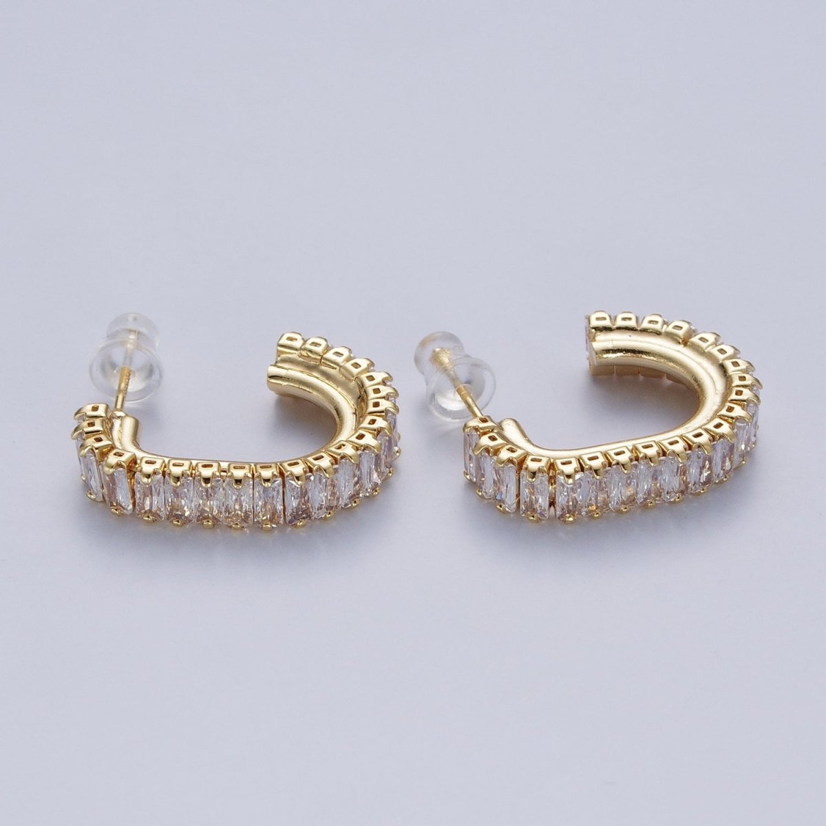 24K Gold Filled Baguette Cubic Zirconia J Shaped Open Hoop Stud Earrings Q-131 Q-135 Q-142 Q-143 Q-145 Q-146 Q-147 Q-148 - DLUXCA