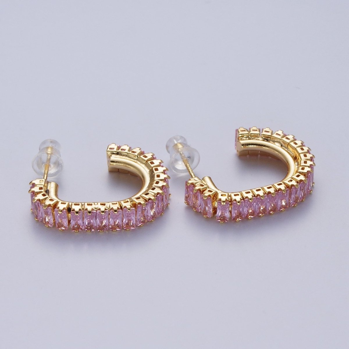 24K Gold Filled Baguette Cubic Zirconia J Shaped Open Hoop Stud Earrings Q-131 Q-135 Q-142 Q-143 Q-145 Q-146 Q-147 Q-148 - DLUXCA