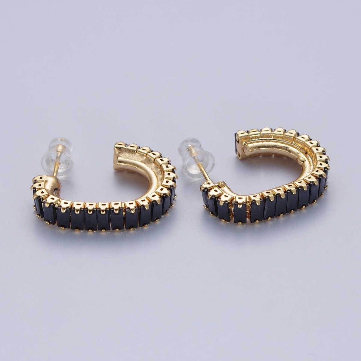 24K Gold Filled Baguette Cubic Zirconia J Shaped Open Hoop Stud Earrings Q-131 Q-135 Q-142 Q-143 Q-145 Q-146 Q-147 Q-148 - DLUXCA