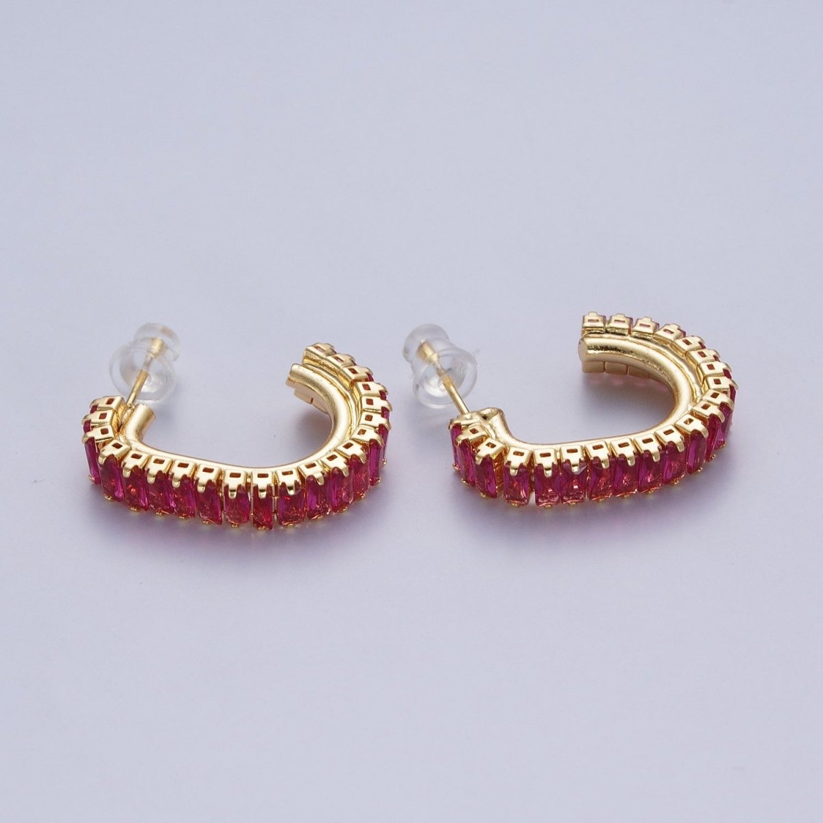 24K Gold Filled Baguette Cubic Zirconia J Shaped Open Hoop Stud Earrings Q-131 Q-135 Q-142 Q-143 Q-145 Q-146 Q-147 Q-148 - DLUXCA