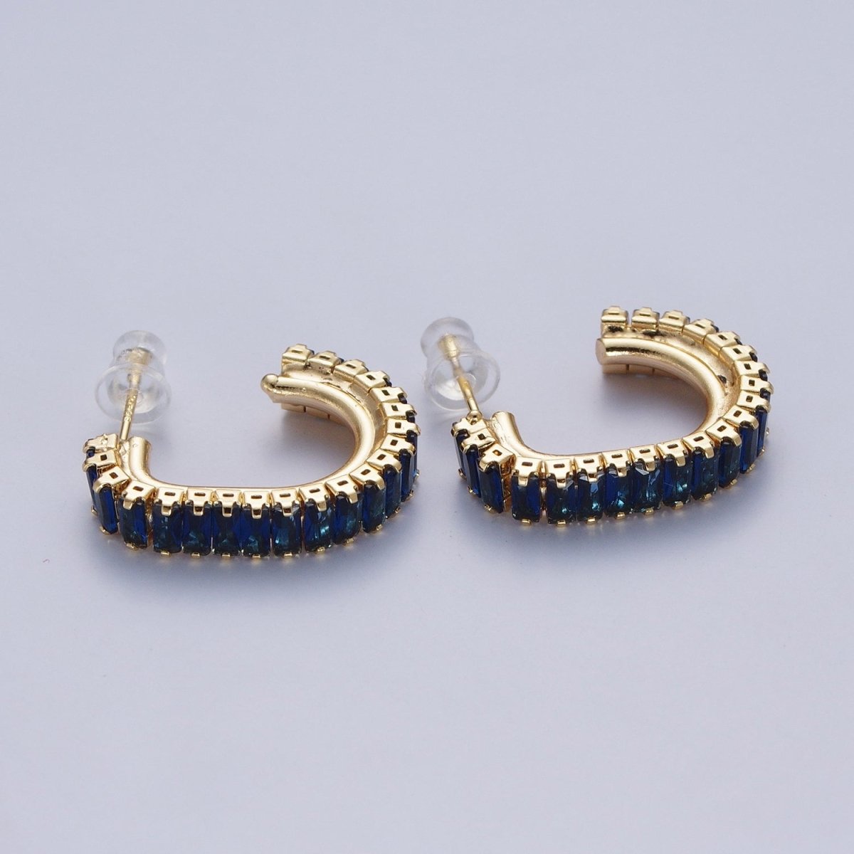 24K Gold Filled Baguette Cubic Zirconia J Shaped Open Hoop Stud Earrings Q-131 Q-135 Q-142 Q-143 Q-145 Q-146 Q-147 Q-148 - DLUXCA