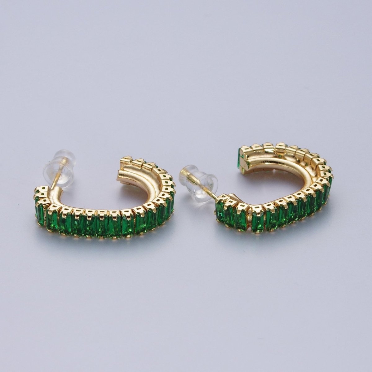 24K Gold Filled Baguette Cubic Zirconia J Shaped Open Hoop Stud Earrings Q-131 Q-135 Q-142 Q-143 Q-145 Q-146 Q-147 Q-148 - DLUXCA