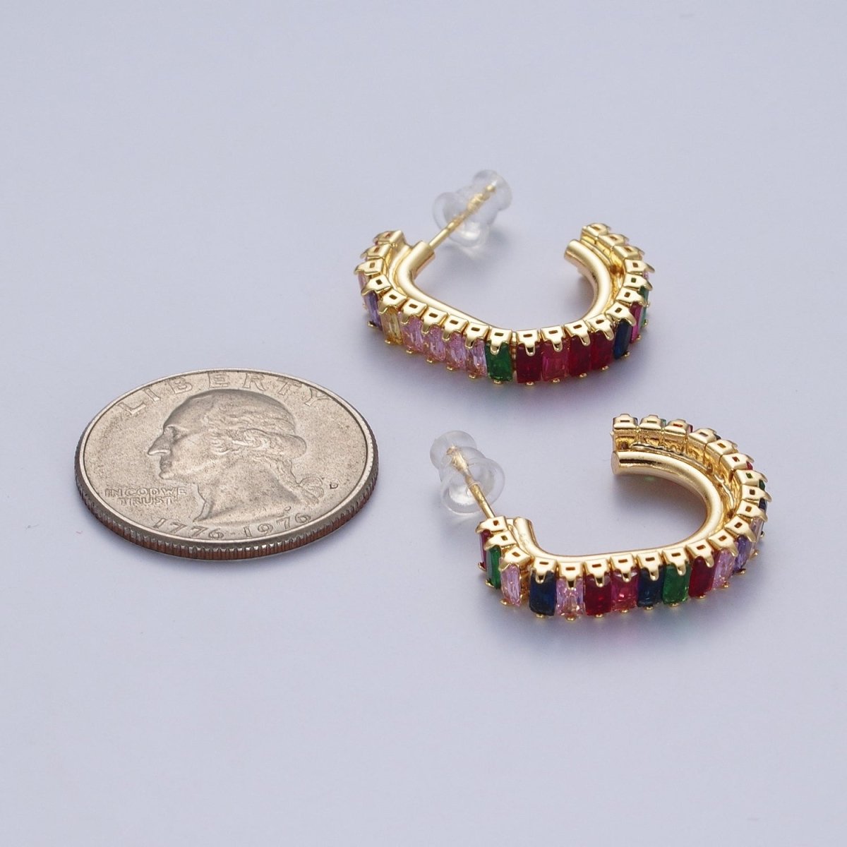 24K Gold Filled Baguette Cubic Zirconia J Shaped Open Hoop Stud Earrings Q-131 Q-135 Q-142 Q-143 Q-145 Q-146 Q-147 Q-148 - DLUXCA