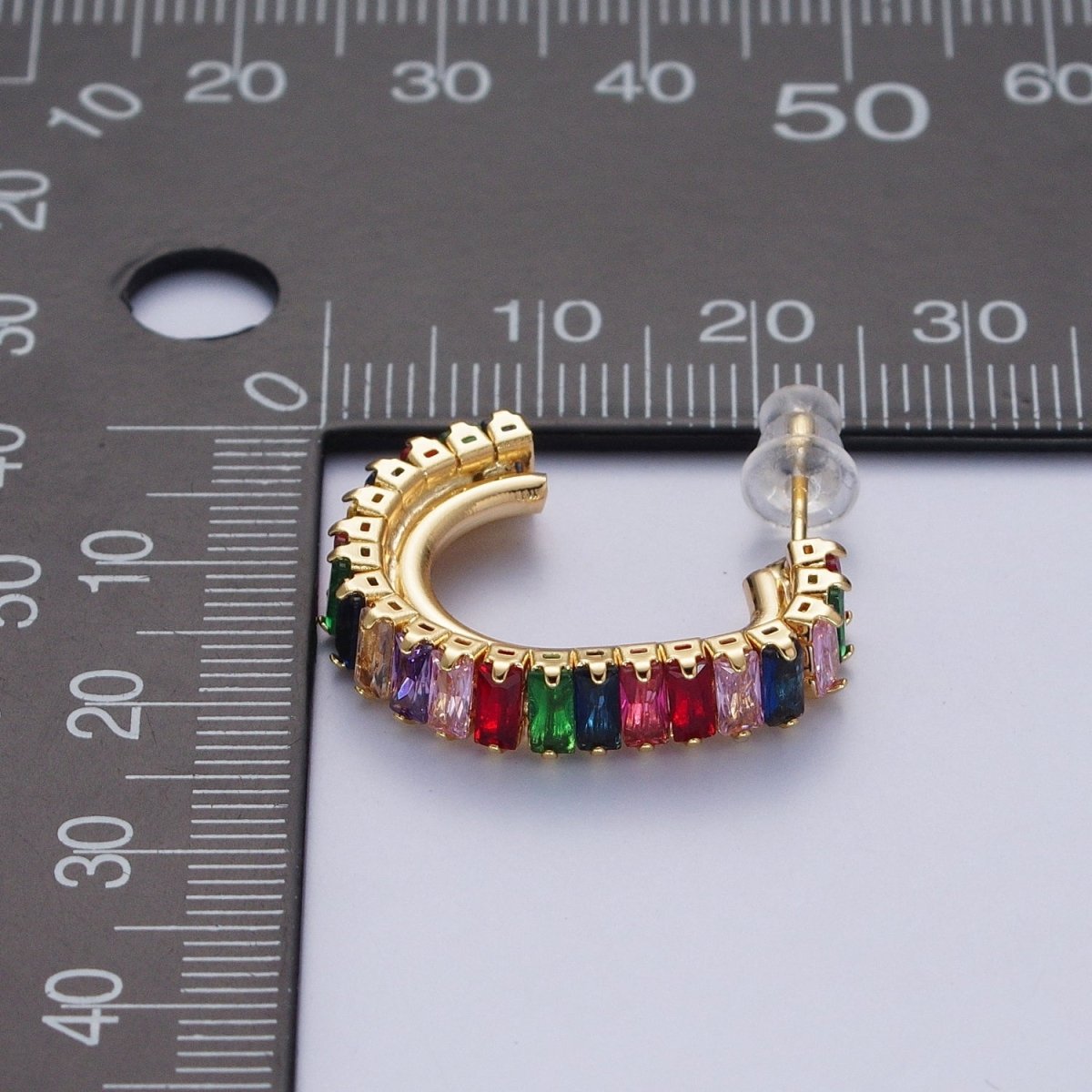 24K Gold Filled Baguette Cubic Zirconia J Shaped Open Hoop Stud Earrings Q-131 Q-135 Q-142 Q-143 Q-145 Q-146 Q-147 Q-148 - DLUXCA