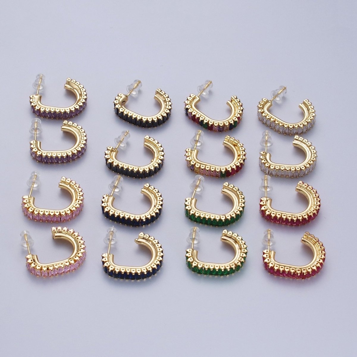 24K Gold Filled Baguette Cubic Zirconia J Shaped Open Hoop Stud Earrings Q-131 Q-135 Q-142 Q-143 Q-145 Q-146 Q-147 Q-148 - DLUXCA