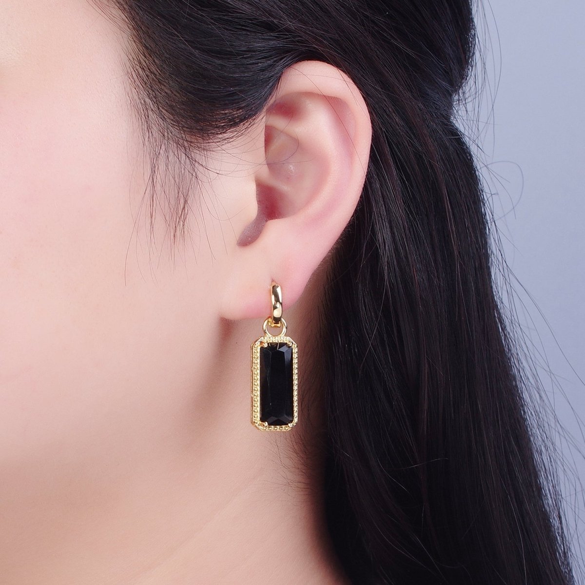 24K Gold Filled Baguette Huggie Hoop, Multicolor CZ Gold Beaded Cocktail Party Earrings V-410-V-418 - DLUXCA