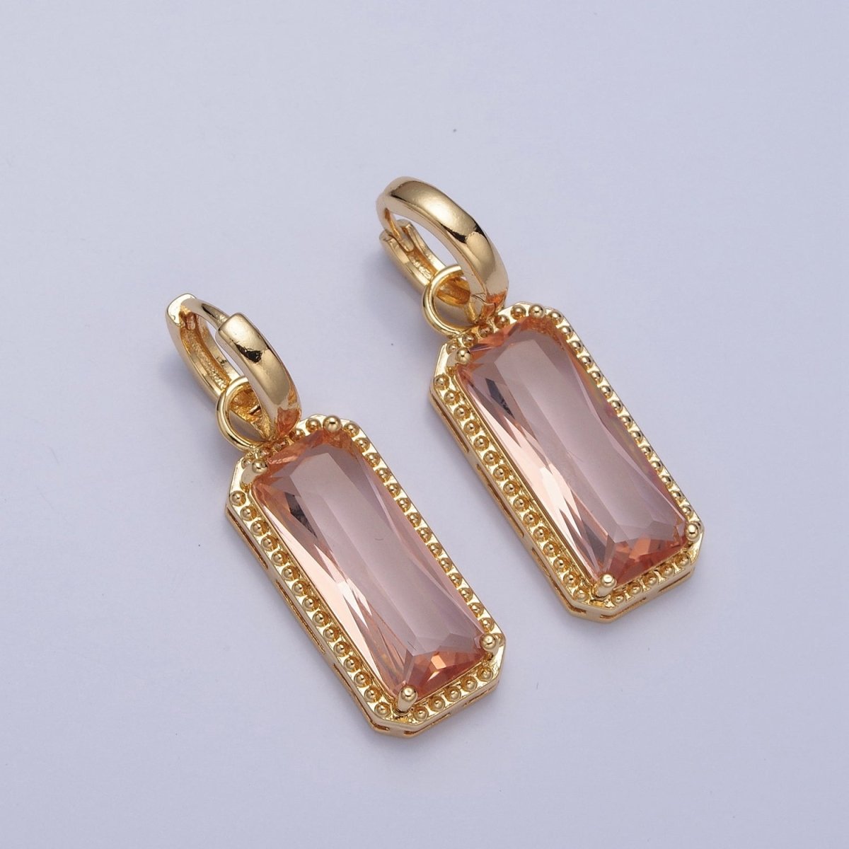 24K Gold Filled Baguette Huggie Hoop, Multicolor CZ Gold Beaded Cocktail Party Earrings V-410-V-418 - DLUXCA