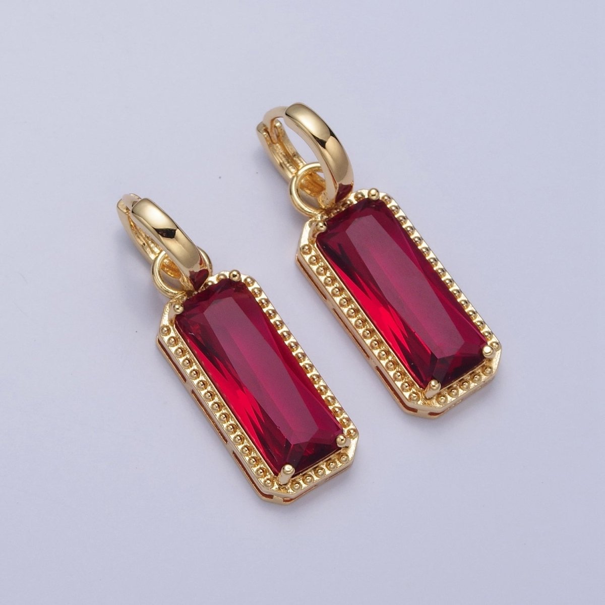 24K Gold Filled Baguette Huggie Hoop, Multicolor CZ Gold Beaded Cocktail Party Earrings V-410-V-418 - DLUXCA