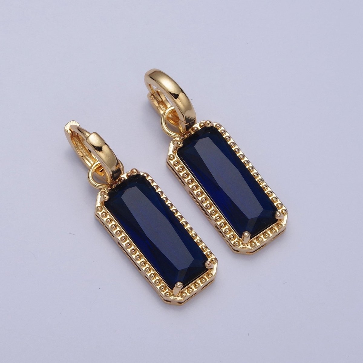 24K Gold Filled Baguette Huggie Hoop, Multicolor CZ Gold Beaded Cocktail Party Earrings V-410-V-418 - DLUXCA