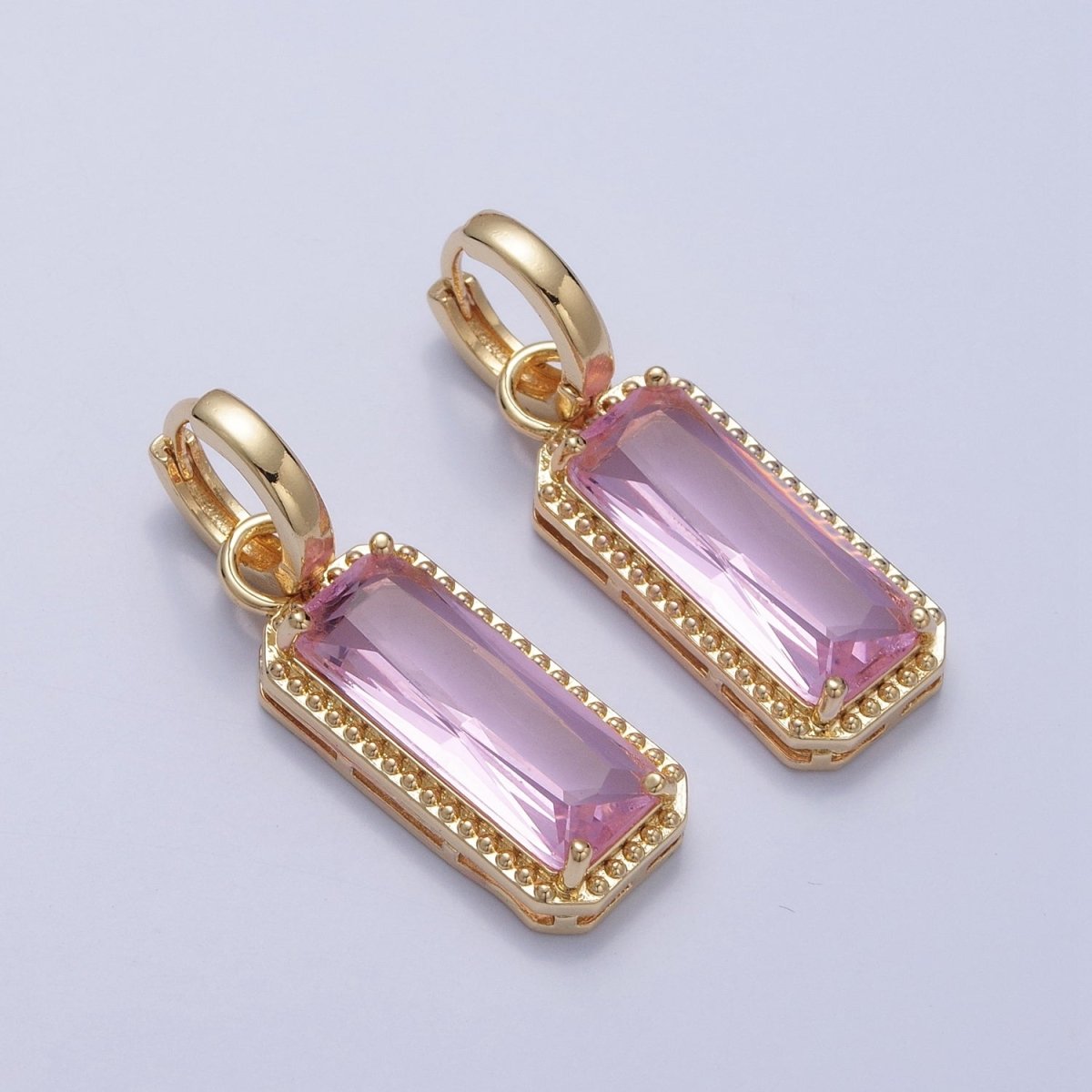 24K Gold Filled Baguette Huggie Hoop, Multicolor CZ Gold Beaded Cocktail Party Earrings V-410-V-418 - DLUXCA