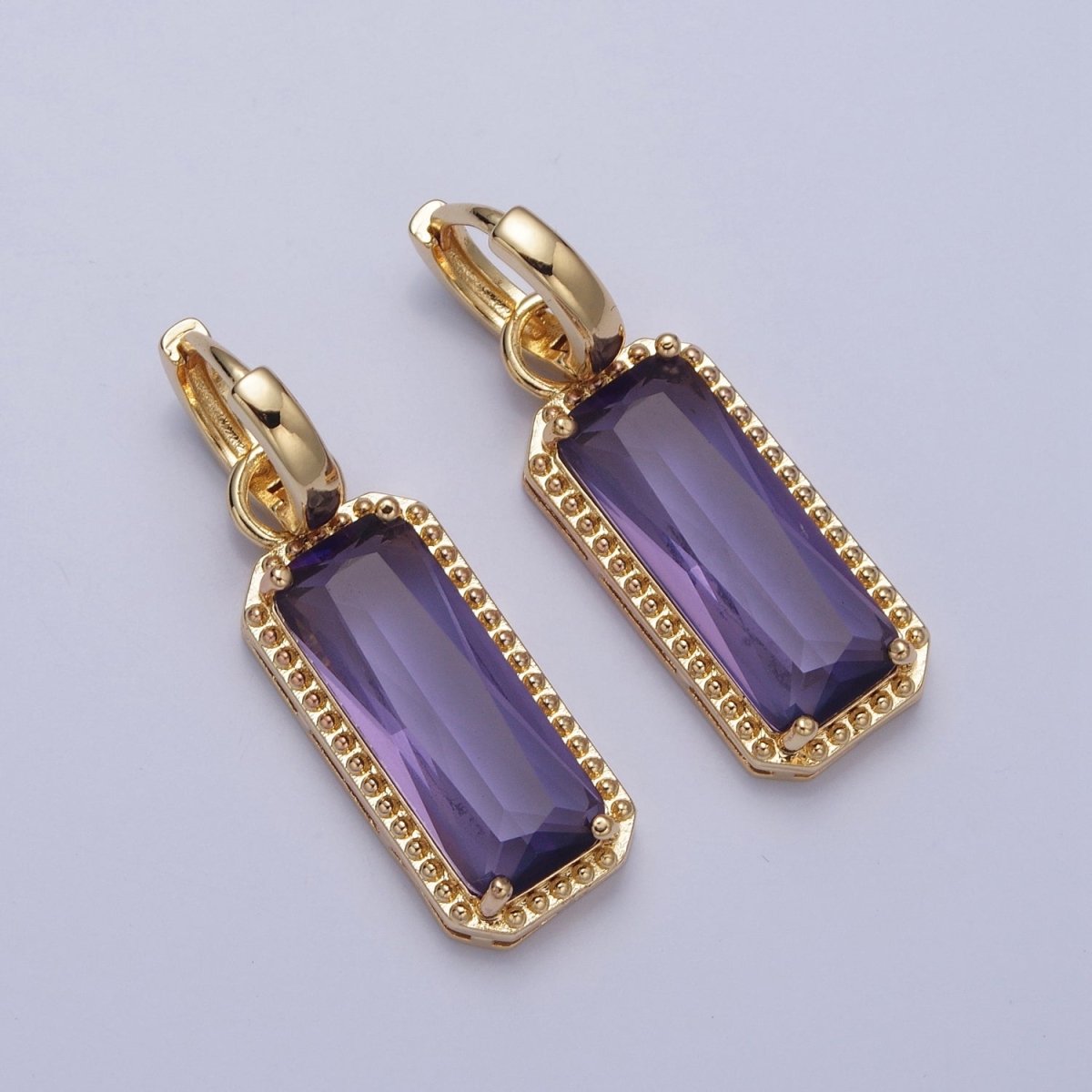 24K Gold Filled Baguette Huggie Hoop, Multicolor CZ Gold Beaded Cocktail Party Earrings V-410-V-418 - DLUXCA