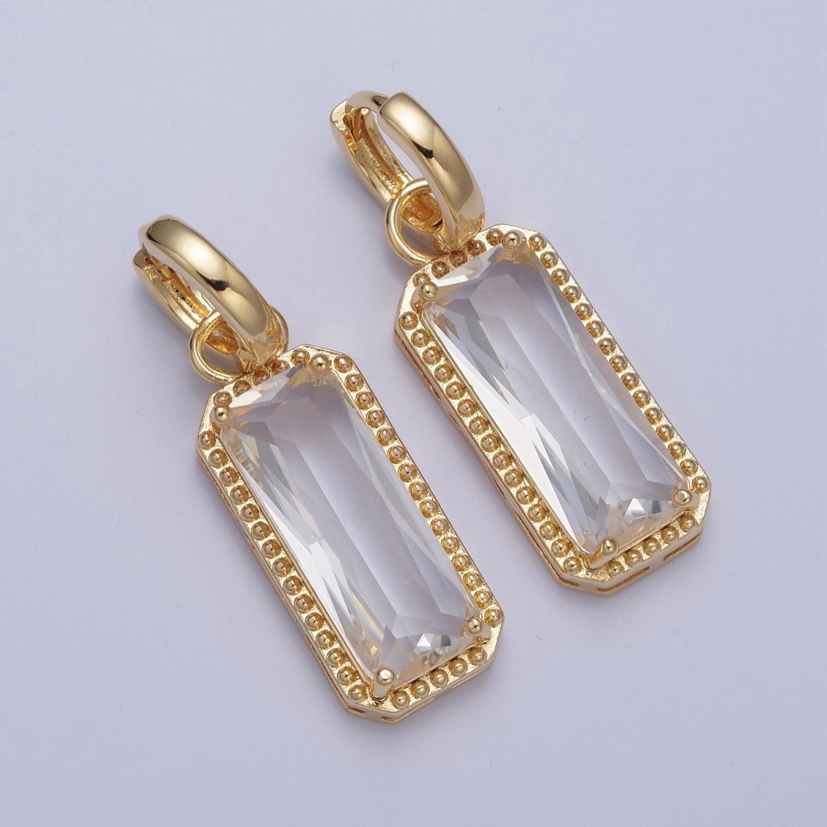 24K Gold Filled Baguette Huggie Hoop, Multicolor CZ Gold Beaded Cocktail Party Earrings V-410-V-418 - DLUXCA