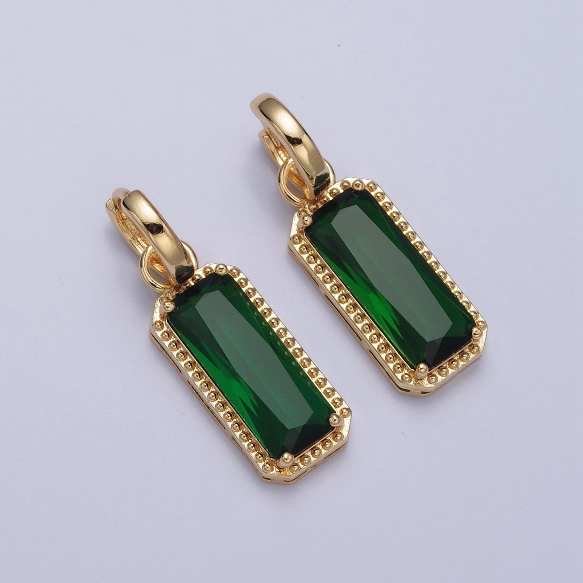 24K Gold Filled Baguette Huggie Hoop, Multicolor CZ Gold Beaded Cocktail Party Earrings V-410-V-418 - DLUXCA