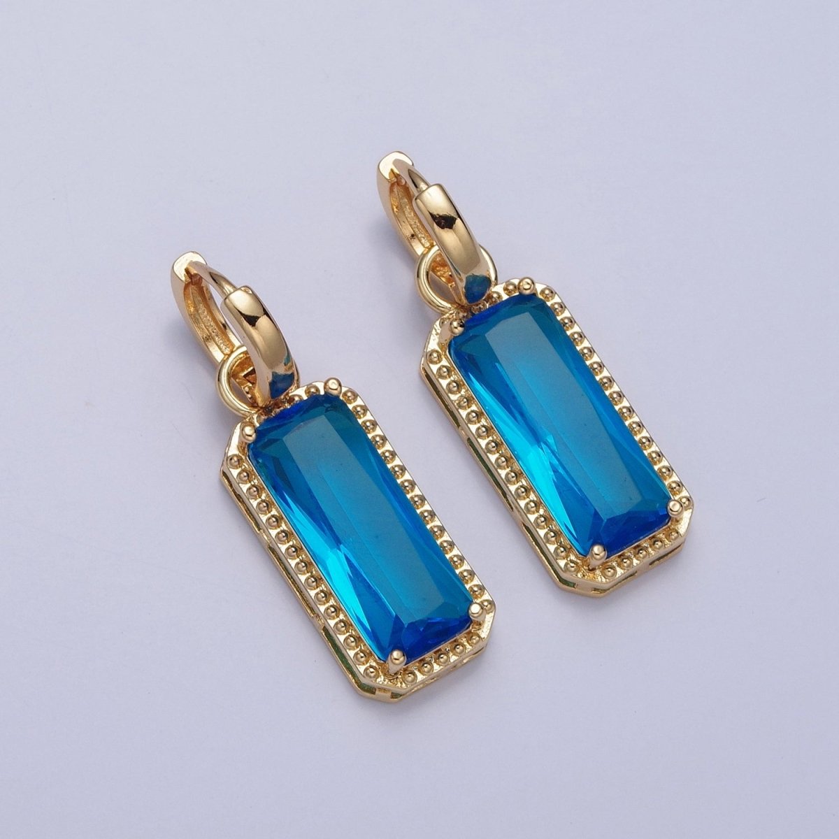 24K Gold Filled Baguette Huggie Hoop, Multicolor CZ Gold Beaded Cocktail Party Earrings V-410-V-418 - DLUXCA