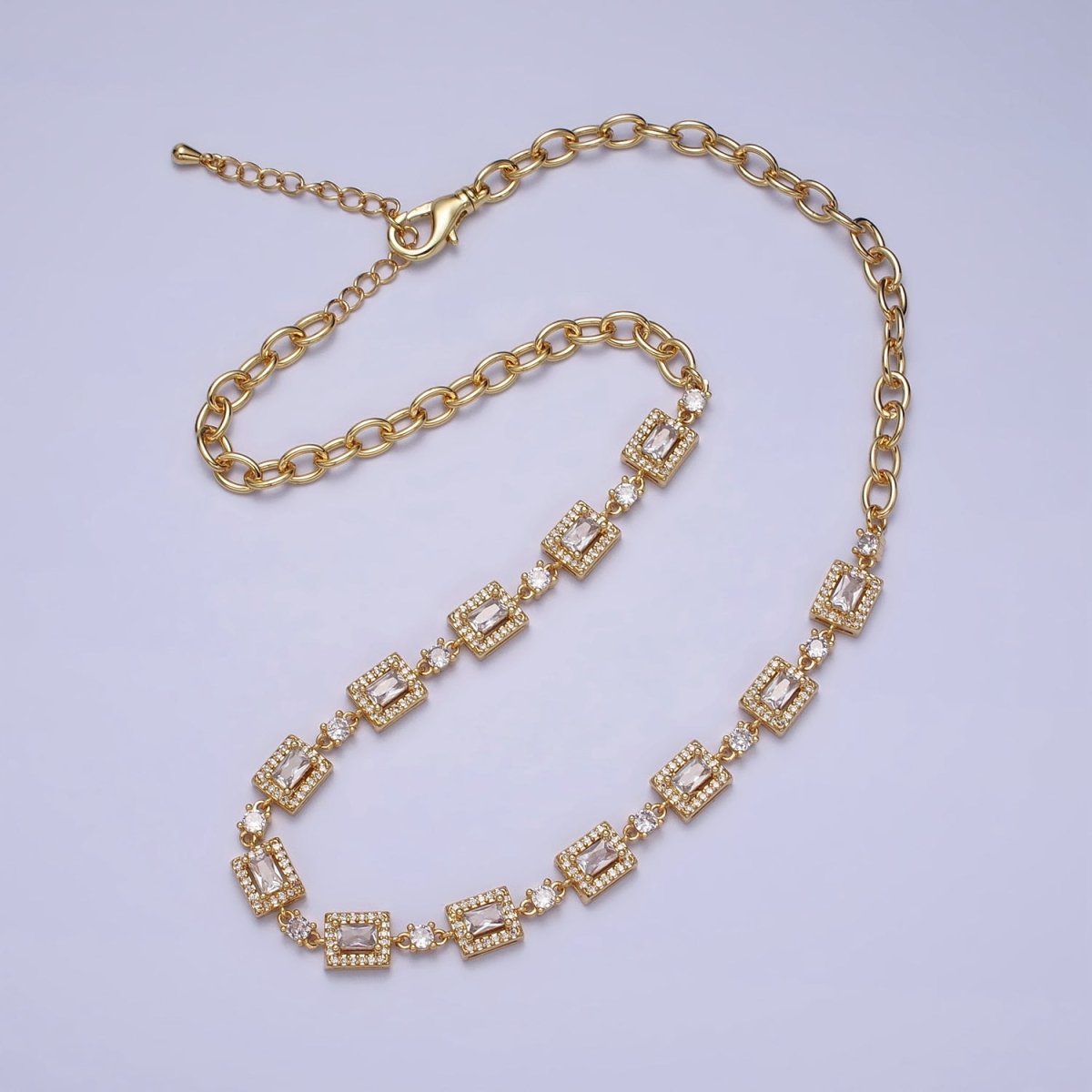 24k Gold Filled Baguette Micro Paved Round CZ Cable Link 17 Inch Chain Necklace in Silver & Gold | WA-1610 WA-1615 Clearance Pricing - DLUXCA