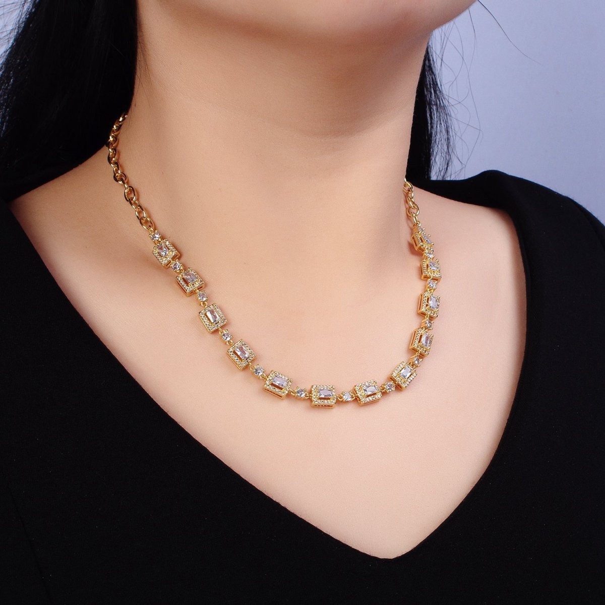 24k Gold Filled Baguette Micro Paved Round CZ Cable Link 17 Inch Chain Necklace in Silver & Gold | WA-1610 WA-1615 Clearance Pricing - DLUXCA