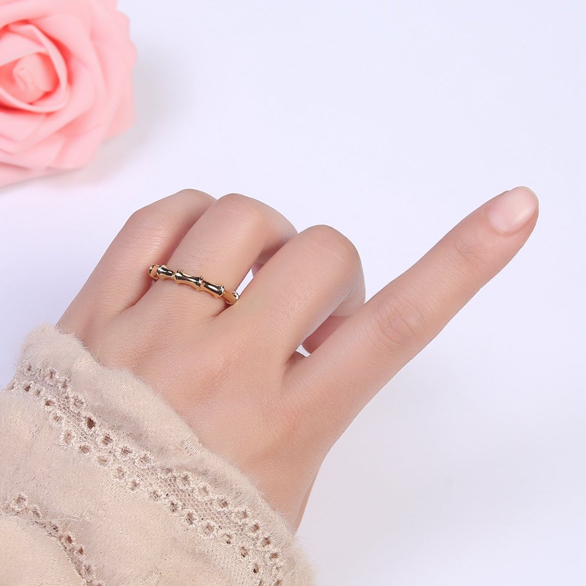 24K Gold Filled Bamboo Rings, Minimalist Nature Plant Bamboo Adjustable Ring in Gold & Silver, U-537 U-538 - DLUXCA