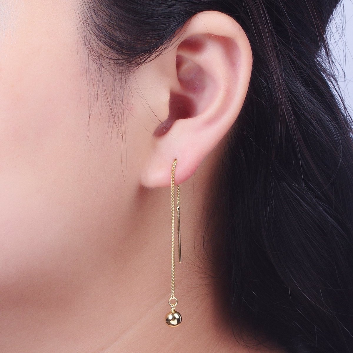 24K Gold Filled Bead Ball Charm Curb Chain Threader Womens Earrings | Y-039 - DLUXCA