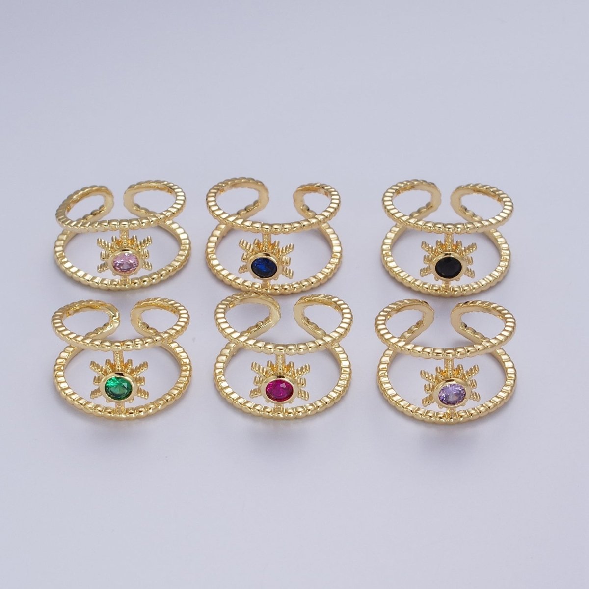 24K Gold Filled Beaded Double Band Round CZ Cubic Zirconia Celestial Star Adjustable Ring | Y-374 ~ Y-379 - DLUXCA