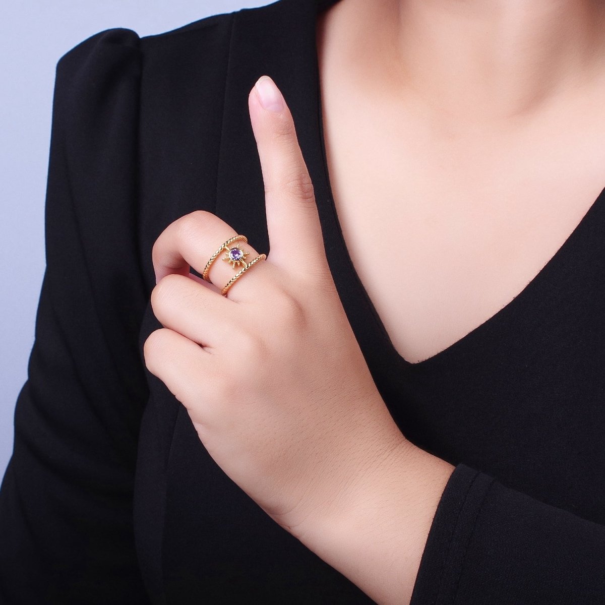 24K Gold Filled Beaded Double Band Round CZ Cubic Zirconia Celestial Star Adjustable Ring | Y-374 ~ Y-379 - DLUXCA