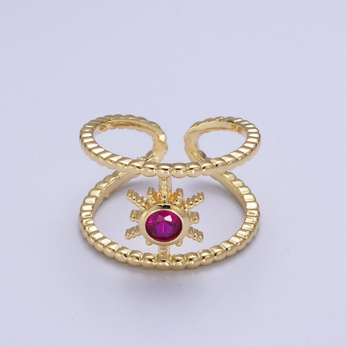 24K Gold Filled Beaded Double Band Round CZ Cubic Zirconia Celestial Star Adjustable Ring | Y-374 ~ Y-379 - DLUXCA